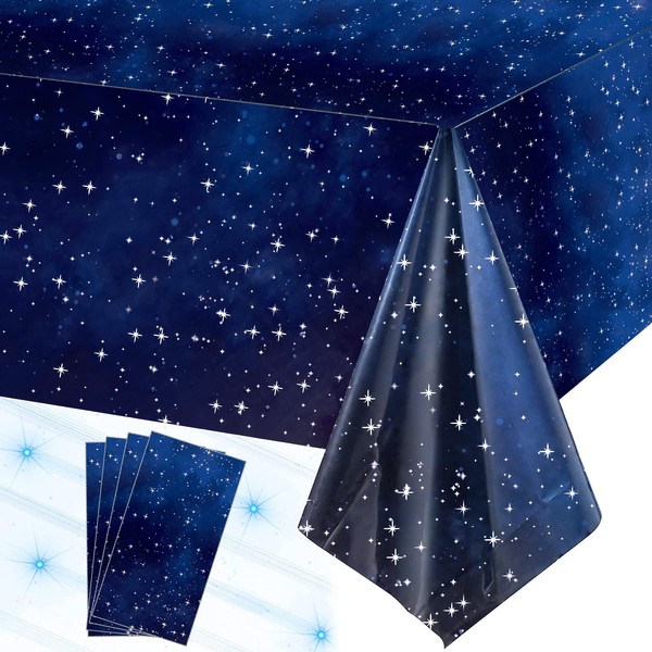 4 PCS Space Tablecloth Starry Night Tablecloth, 54"*108" Space Galaxy Stars Themed Table Covers, Disposable Starry Night Sky Table Cover for Birthday Home Decorations