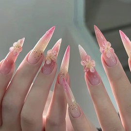 Flower Press on Nails Long Almond Fake Nails 3D Flower Charms Design Acrylic Nails Gradient Pink Glue on Nails Long Stiletto False Nails for Women Girls DIY Salon Manicure Decor 30Pcs