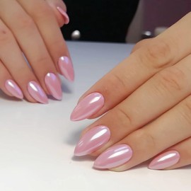 Qsnidy Press on Nails Almond, Glazed Pink Fake Nails Medium Press Ons, Chrome Full Cover Glue On Nails for Women Daily Wear, Natural Fit Acrylic Stick on Nail Kit - 24 Pieces in 12 Sizes