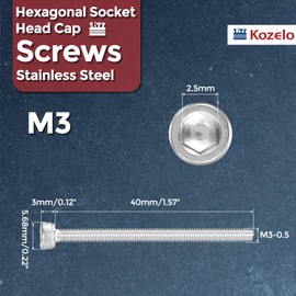 Kozelo 50pcs Socket Head Cap Screws - [M3-0.5 x 40mm] 304 Stainless Steel Allen Socket Drive for Electrical Motor 3D Printing Fan Engine Replacement Use, Silver