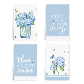 Rumkim Hydrangea Vase Butterfly Floral Kitchen Towels Dish Towels, Flower Hand Towel 16x24 Inch Drying Dishcloth for Farmhouse Home Spring Decoration Housewarming Gift, Set of 4
