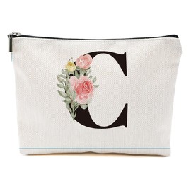 MQBMQB Rose Letter Initial C Makeup Bags for Women Lined Monogram Cosmetic Bag with Zipper Birthday Gifts for Women Girls Bridesmaid Best Friends Sisters, Travel Toiletry Bag, Wedding Gifts