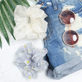 Coletero para coleteros – Cinta de tela para bufanda, lazo, flor, leopardo de gasa, anillo de perlas elástico para el pelo (2 coleteros, 2 conjuntos, 2 conjuntos, color rosa cereza, blanco 1)