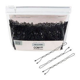 CONAIR Black Bobby Pins with storage 400pk - hair accessories for women - rubber tipped and nonslip - ideal with brown hair - comfortable hair pins - clear zipper pouch included