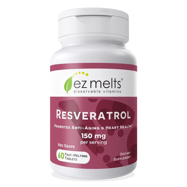 EZ Melts Resveratrol as Trans-Resveratrol, 150 mg, Sublingual Vitamins, Vegan, Zero Sugar, Natural Grape Flavor, 60 Fast Dissolve Tablets