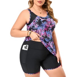 SOTHEA Plus Size Tankini Swimsuit for Curvy Women Bathing Suits Tummy Control with Pockets Swim Shorts, Purple Floral,20W