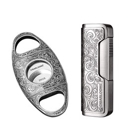 CIGARLOONG Cigar Cutter and Lighter Set Sharpening Blade Engraved Cigar Guillotine and Retro Carved Lighter(Color:Silver)