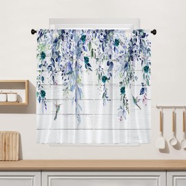 Visioun Farmhouse - Cortinas de cocina con hojas azules de eucalipto, color verde azulado, diseño de colibrí botánico pequeño y corto para café, cortina de ventana de madera clásico (27.5 x 39