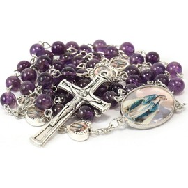Nazareth Store Natural Purple Amethyst Beads with Miraculous Epoxy Heart Metal Beads Rosary Necklace Gemstone Christian Gifts