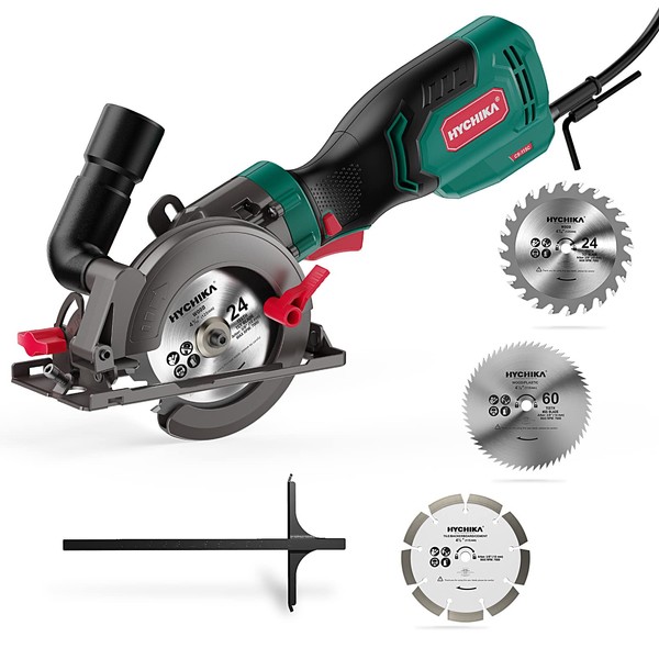 Electric Circular Saw, HYCHIKA 6.2A Mini Circular Saw with 3 Blades(4-1/2”), Compact Hand Saw Max Cutting Depth 1-7/8'' (90°), Rubber Handle, 10 Feet Cord, Fit for Wood Soft Metal Tile Plastic Cuts