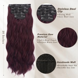 Dark Burgundy Wavy Clip in Hair Extensions - 20 Inch Long Wavy Clip in Hair Extensions for Women, 5 PCS Soft Synthetic Natural Looking Burgundy Red Hairpieces Easy Wear Daily Party
