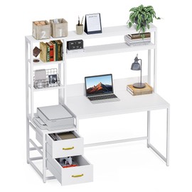 LITTLE TREE White Computer Desk with Drawers and Hutch, 55" Gaming Desk with Storage Shelves, Modern Wooden Study Writing Desk for Bedroom Home Office