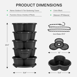 VIVOSUN 5 Tier Vertical Gardening Stackable Planter for Strawberries, Flowers, Herbs, Vegetables, Black