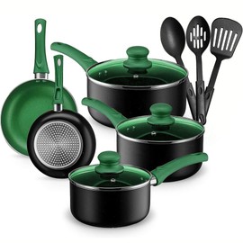 Chef's Star Pots And Pans Set Kitchen Cookware Sets Nonstick Aluminum Cooking Essentials 11 Pieces Green