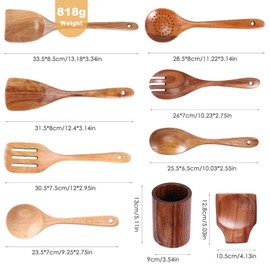 Luntfeiy 9 Pieces Wooden Spoons for Cooking, Wooden Utensils for Cooking with Utensil Holder, Kitchen Utensil Set Made of Teak Wood