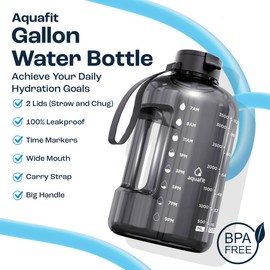 AQUAFIT 1 Gallon Water Bottle with Time Marker - Straw & Chug Lid - BPA Free Gym Water Bottle with Straw - Big Gallon Jug (Midnight Gray, 128 oz - 2 Lids)