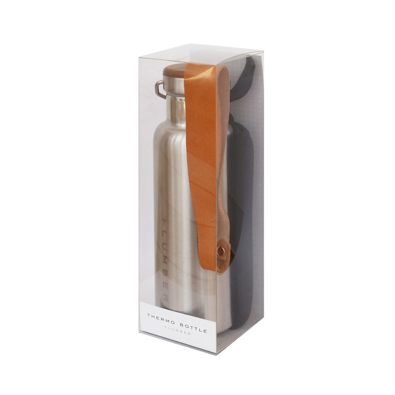+LUMBER by Hacoa THERMO BOTTLE ステンレス素材の水筒に銘木を組み合わせたおしゃれなサーモボトル（革ストラップ付き） (Walnut 600)
