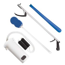 Rehabilitation Advantage 4 Piece Economy Hip or Knee Replacement Recovery Kit. Package Includes a 26-inch Reacher Grabber, Sock Aid, 17-Inch Plastic Shoehorn and 21 Inch Bath Sponge.