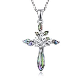 Dreamboat Sterling Silver Cross Necklace for Womens Cross Pendant Faith Christian Jewelry Tree of Life Abalone Shell Necklace Confirmation Religious Gifts for Mom