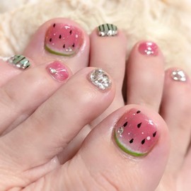 Summer Press on Toenails Short Square Fake Toe Nails with Watermelon Designs Acrylic Toenail Press ons Sparkly Rhinestone False Toenails Pink Green Glue on Toe Nails for Women 24Pcs