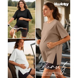 Huukeay 3 Pack Women's Maternity Shirts Loose Fit Pregnancy Tunic Tops Split Side Casual Summer Oversized Pregnancy Clothes(White, Khaki, Black,Large)