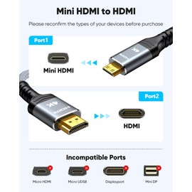 Highwings Mini HDMI to HDMI Cable Adapter 1FT, (4K 60Hz) High Speed HDMI to Mini HDMI Male Bi-Directional 2.0 Cord, for HDTV, Tablet, Camera and Camcorder [Aluminum Shell, Nylon Braided]