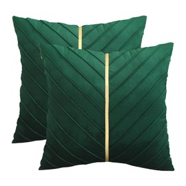 Tosleo Christmas Green Velvet Throw Pillow Covers 18x18 Pack of 2 with Gold Leather Forest Green Decorative Couch Pillowcase Luxury Modern Pillow Cover for Living Room Bedroom Sofa Cushion Bed