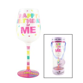 Top Shelf “Happy Birthday to Me” Decorative Frosted Wine Glass ; Unique Hand Painted Red or White Wine Glass for Friends and Family ; Novelty Gift Ideas for Her ; Multicolor