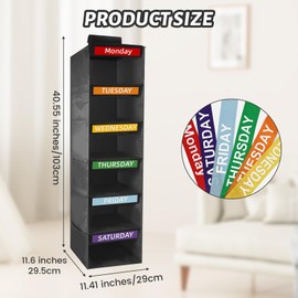6-Shelf Weekly Clothes Organizer for Kids, Hanging Closet Oorganizer for Kids & Adults, Collapsible Hanging Closet Shelves, Monday-Saturday Days of The Week Clothes Shelves with 6 Side Pockets (Black)
