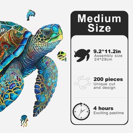 Wooden Puzzles, Sea Turtle Jigsaw Puzzles 200 Pieces, Unique Shaped Wooden Puzzles for Adults and Kids, Family Game 9.2 x 11.2 Inch