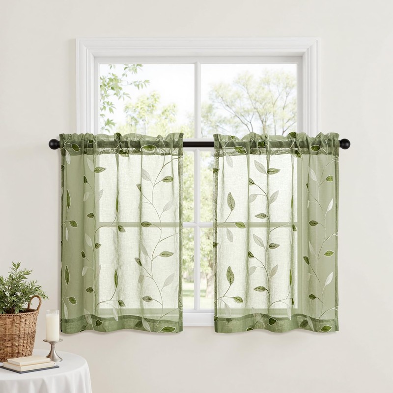MIULEE Sage Green Sheer Curtains 2 Panels Embroidered Leaf Patterned