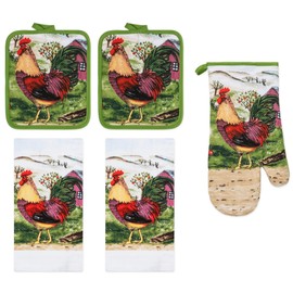 PREMIUS 5 Piece Printed Kitchen Linen Set, 2 Cotton Towels, 2 Potholders, 1 Oven Mitt with Hanging Loop, 100% Cotton Material on Front & Polyester Backing, Kitchen Gadget (Rooster)