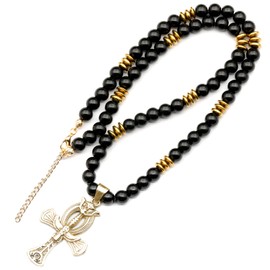 ElisaJewelryArt - Natural Black Onyx Beaded Ankh Cross Pendant Necklace Genuine Gemstone Stress Stone Clasp Closure Egyptian Necklace Unisex Necklace (22, Black Onyx)