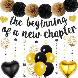 Congratulations The Beginning of a New Chapter Banner, Graduation Decorations Glitter Banners Black Gold Garland Paper Pompoms, Farewell Party Supplies for Retirement Job Change Divorce Decoration