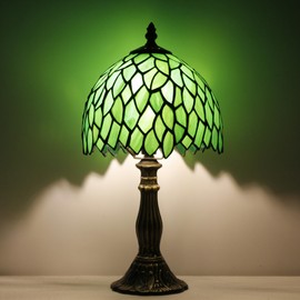 Small Tiffany Lamp Stained Glass Desk Lamp Vintage Tiffany Bedside Table Lamp for Home Living Room Bedroom Nightstand 8X15 Inch (Green Wisteria Style)