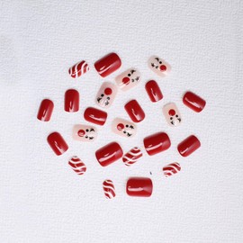 Christmas Short Square Press on Nails Winter Xmas Red and White Stripe Reindeer Designs Pink Glossy False Nails Full Cover Christmas Acrylic Nails Stick on Nails for Women Nail Art DIY 24 Pcs