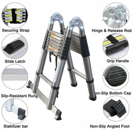 3.8M Telescopic Ladder Extension Ladder with Stabilizer Bar, 1.9m+1.9m A-Frame DIY Multi Purpose Ladder, Extendable Loft Ladder Collapsible Ladder Portable Folding Step Ladder, Max Load 150kg, EN131
