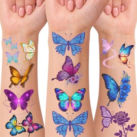 Glitter Butterfly Temporary Tattoos | Butterfly Themed Birthday Party Decorations Party Favors Supplies Accessories Stickers Gift Idea For Kids Boy Girl Teen Adult 60Pcs 4 Sheets Pre-cut