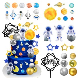 40 piezas de decoración espacial de astronauta para tartas espaciales de astronauta, estatuilla de astronauta, meteorito, planeta, cohete, estrellas y bolas doradas y plateadas, decoraciones para tartas para baby shower, niños, suministros de fiesta de c