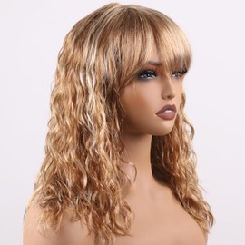 Peluca Pelo Humano Body Wave Marrón Rubio Flequillo 16 Pulg