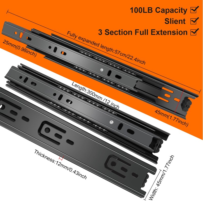 12 inch Drawer Slides 4 Pairs (8pcs) 3 fold Full
