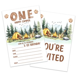 Fihjm Birthday Party Invitations, Party Invitations Birthday Invites, One Happy Camper, 1st Birthday Card Boy 1st Birthday Card Girl, (20 Count) With Envelopes, Birthday Party Supplies-Birinvite 01