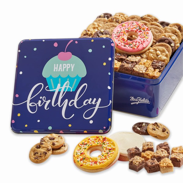 Mrs. Fields - Birthday Bash Combo Cookie Tin, Assorted with 36 Nibblers Cookies, 18 Brownies Bites and 3 Frosted Cookies (57 count)