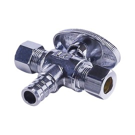 Midline Valve 86351QS-OM Water Supply Angle Stop Valve; Dual Outlet; Quarter Turn Wheel; One Piece; for Toilet, Sink, Dishwasher; 1/2 in. PEX x 3/8 in. COMP x 3/8 in. COMP; Chrome Plated Brass