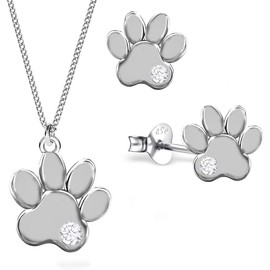 Goldene Hufeisen Jewellery Set Paws with Zirconia Pendant Necklace Stud Earrings 925 Sterling Silver Paw Girl, Sterling Silver Sterling Silver Zirconia, Cubic Zirconia