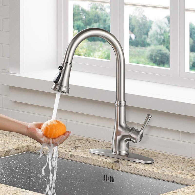 Kitchen Faucet-WEWE Single Handle Stainless Steel Brushed Nickel Pull Down