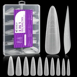 Gelike ec Long Stiletto Nail Tips with Guide Lines: Full Cover Soft Gel Nail Tips Almond Long Pre-Polished Resin Nail Tips with Case for Nail Salons DIY Nail Art 84 Pieces 10 Size