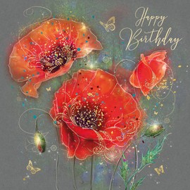 Cherry Orchard Poppy Happy Birthday Card with Gold Foil Detailing and Gold Envelope Grace Range from