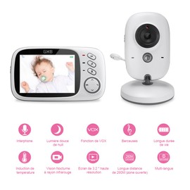 GHB Baby Monitor, 3.2 inches LCD Colour Baby Monitor Video, Incredible Baby Video Camera, Surveillance 2.4 GHz Bi-directional Video Night Vision White