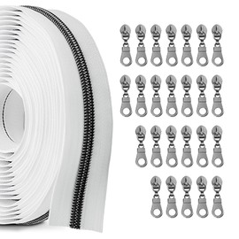 Zynzaoacs Zippers by The Yard 10 Yards Bulk Zippers for Bags and Purses with 25pcs #5 Zipper pulls White Tape with Gun Metal Pull